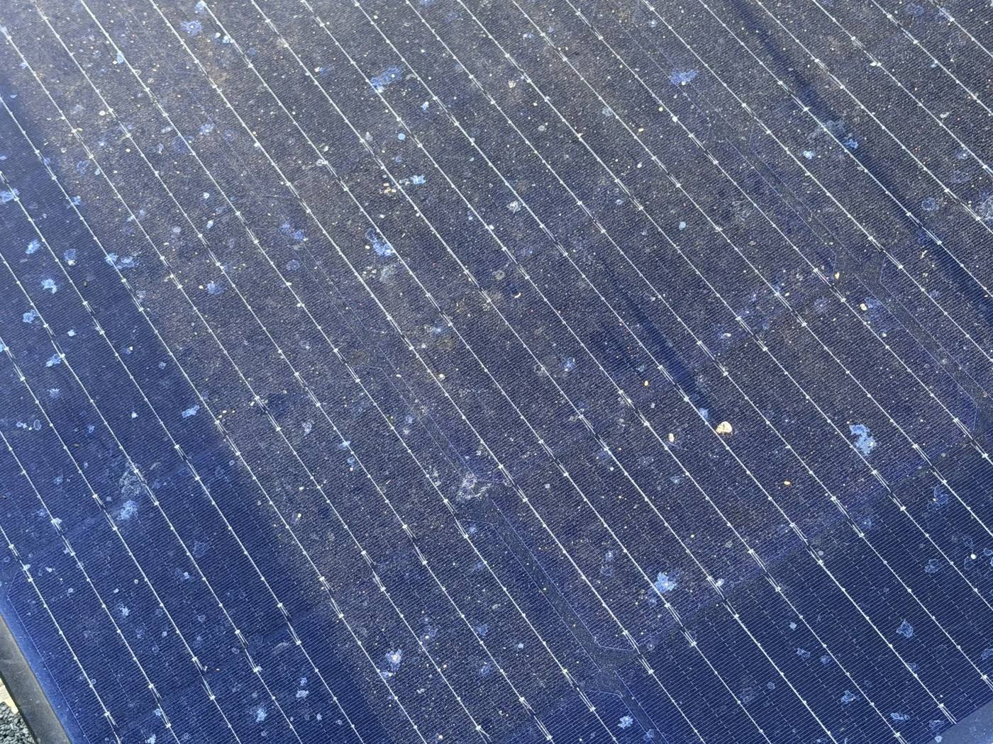 Solar panel glass spotted with bird droppings and debris